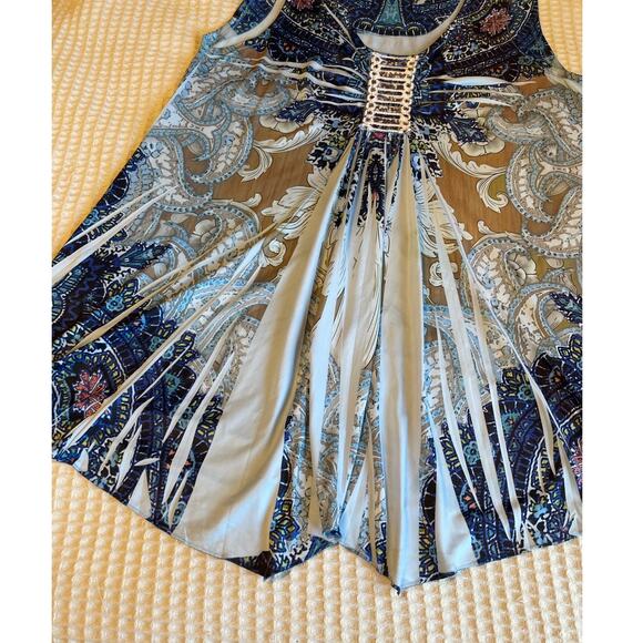 One World Live & Let Live Embroidered Printed Boho Blue Handkerchief Hem Tank M - Picture 12 of 13